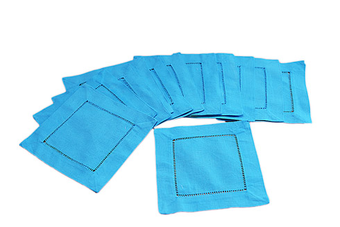 Solid colored hemstitch cocktail napkin. Blue Atoll colored